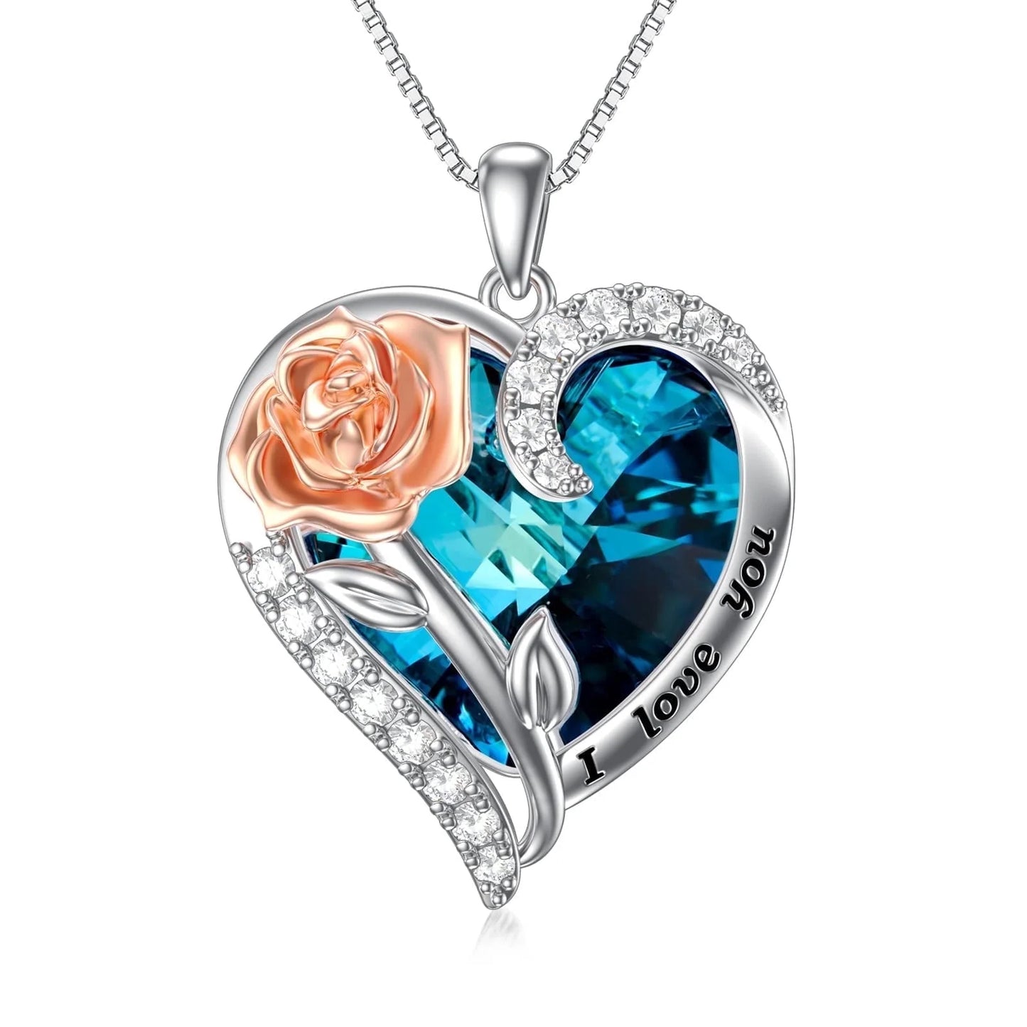 Graduation Gifts for Women Sterling Silver Rose Flower Pendant Necklace with Heart Crystal September Birthstone Pendant Jewelry Birthday Gifts,Sapphire