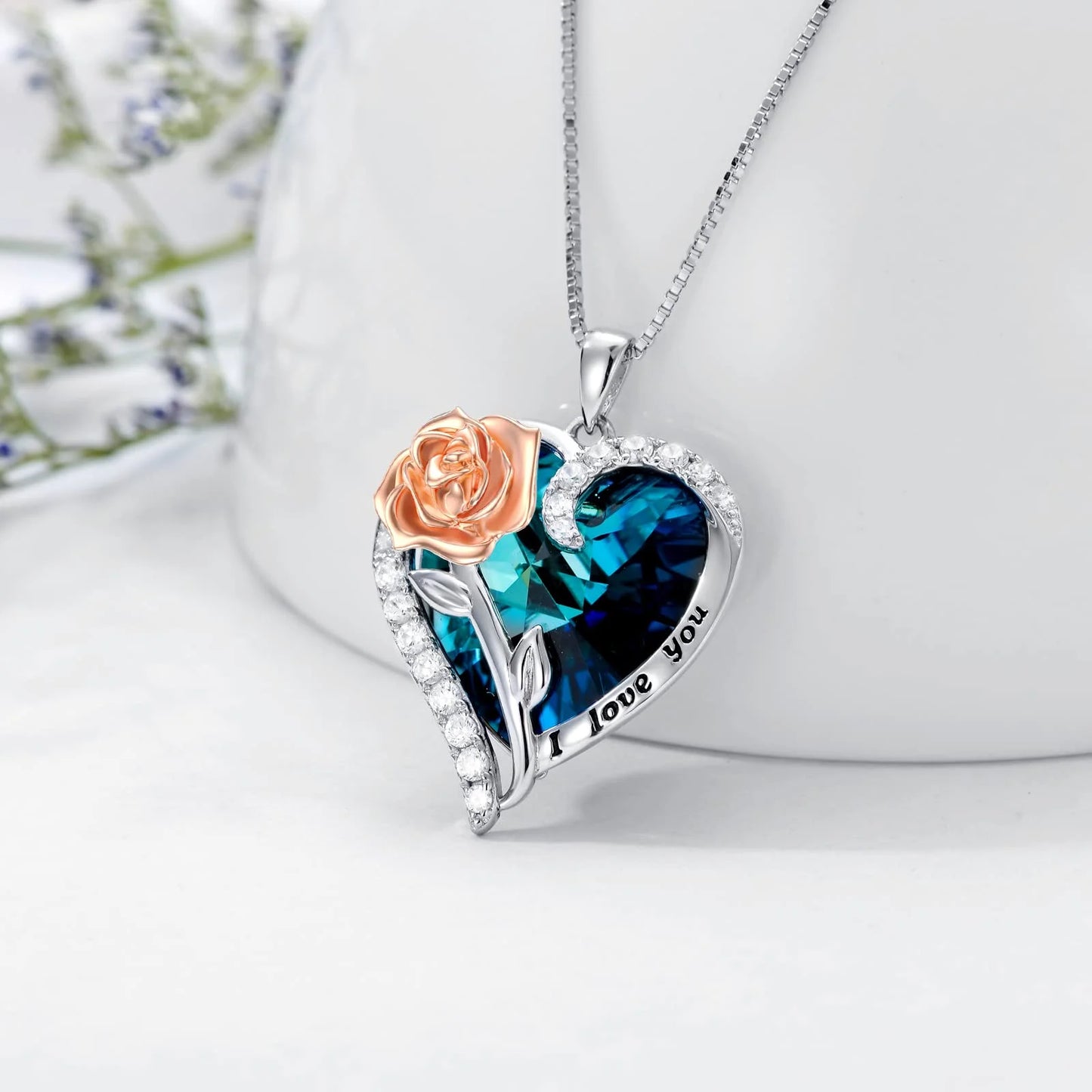 Graduation Gifts for Women Sterling Silver Rose Flower Pendant Necklace with Heart Crystal September Birthstone Pendant Jewelry Birthday Gifts,Sapphire